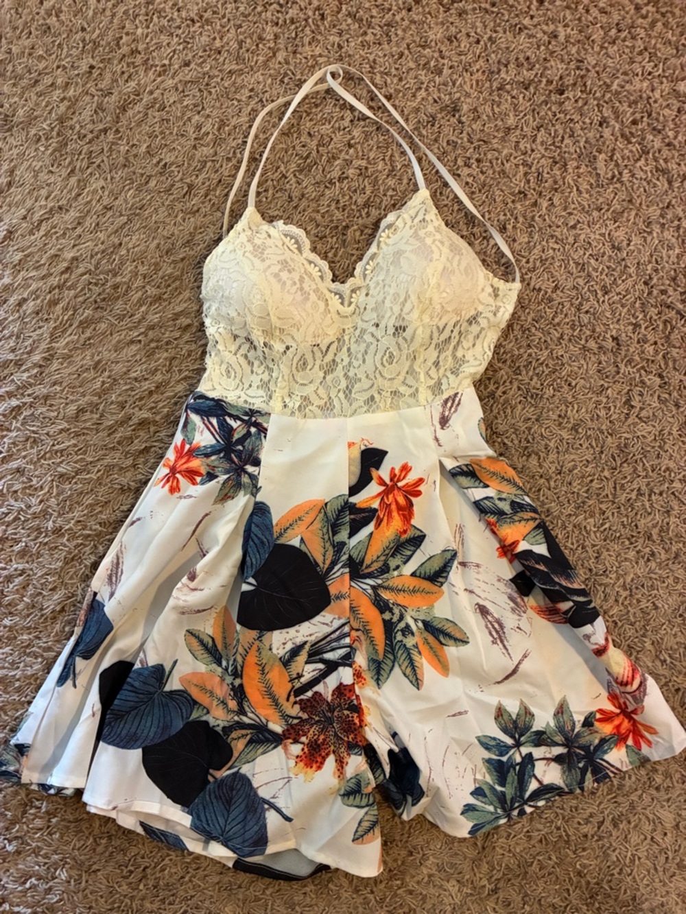 Backless Lace-Top Floral Halter Romper in Ivory & Tropical Print